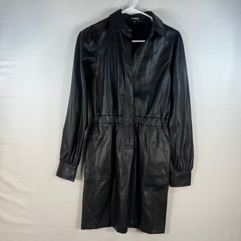 Express Black Faux Leather Shirt Dress Long Sleeve Elastic Waist Mini XS